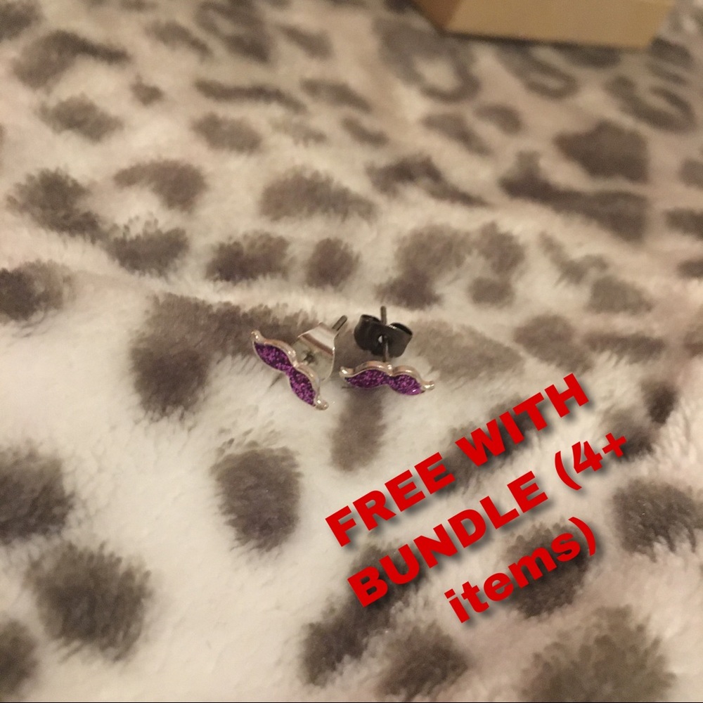 Purple Glittery Mustache Earrings Studs Jewelry